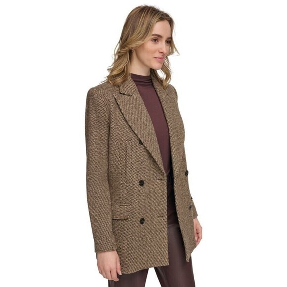 Calvin Klein Women's X-Fit Textured Wool Double-Breasted Blazer Jacket Brown 10 - Picture 2 of 5
